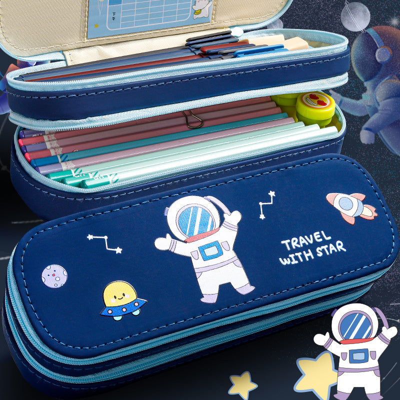 Spacious Double-Layer Pencil Pouch – Astronaut & Unicorn Print