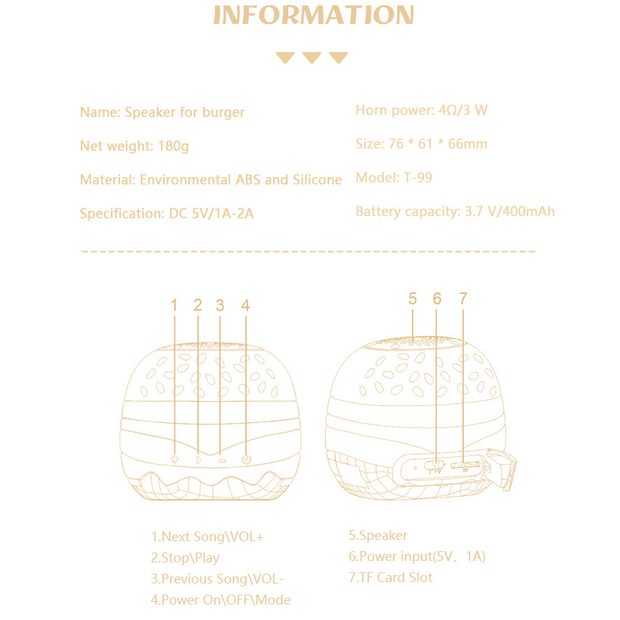 T77 Burger Wireless Bluetooth Speaker – Mini Stereo Bass Fun Anywhere