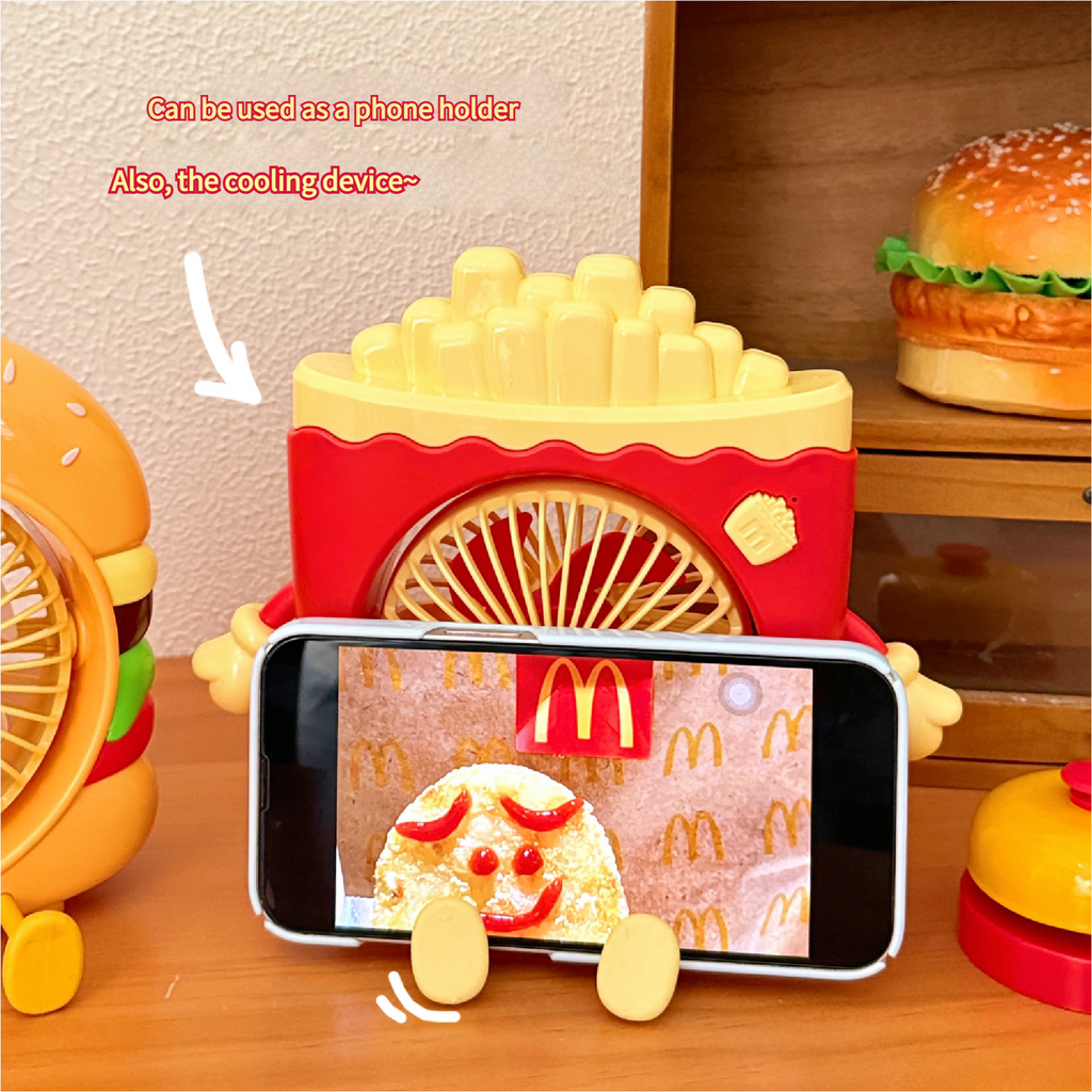 Fast Food Fun: French Fries & Hamburger USB Fan with Built-in Phone Holder